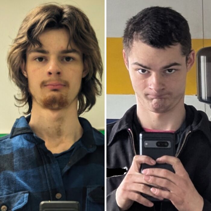 Side-by-side photos of a young man showing a hilariously tragic hair accident with a long messy style and a fresh, uneven haircut.