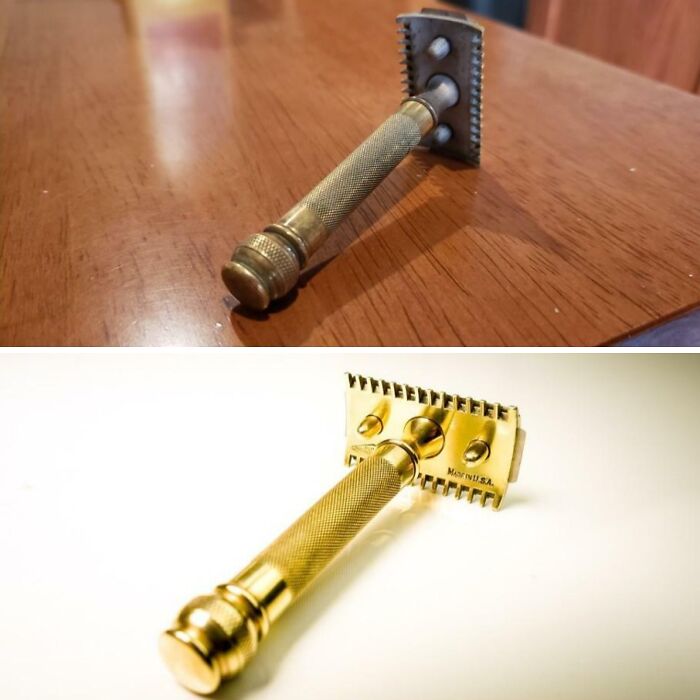Before and after cleaning photos showing a vintage razor transformed from tarnished to shiny and polished condition.
