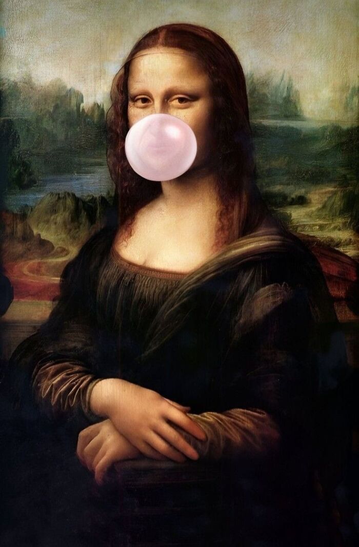 Mona Lisa from classical paintings blowing a bubble gum bubble, creating a funny meme with clever captioning.