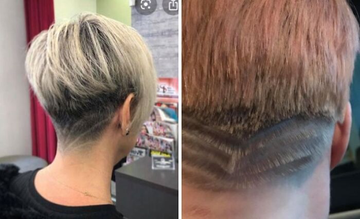 Two haircut photos showing unusual styles and hair shaving mistakes in hilariously tragic hair accidents.