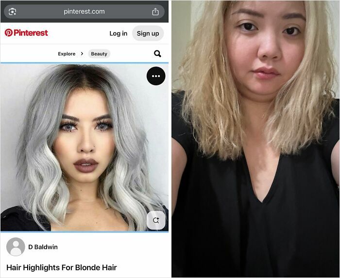 Side-by-side photos showing a hair accident with blonde hair gone frizzy and uneven after highlighting.