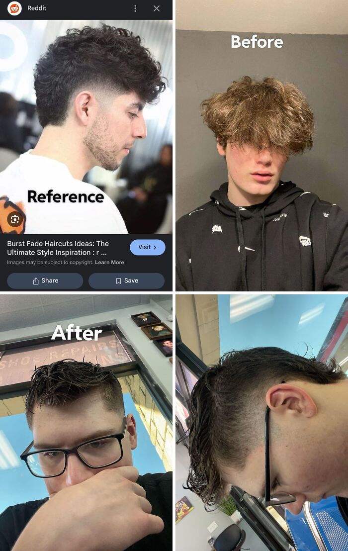 Side-by-side images showing a hair accident transformation with before, after, and reference haircut styles.