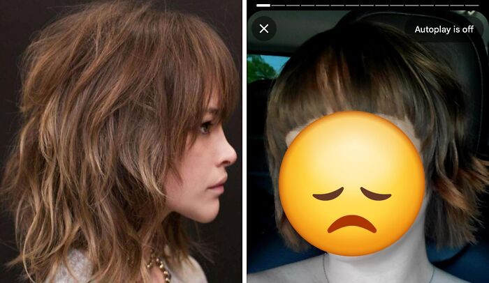 Side-by-side images showing a layered messy haircut and a short tragic hair accident with an emoji covering the face.