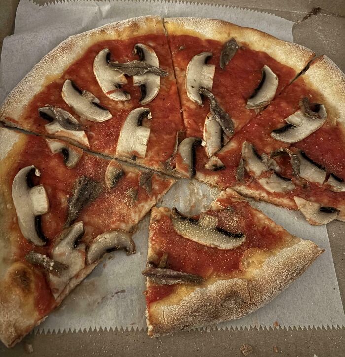 Partially eaten mushroom pizza with uneven slices, illustrating a total mess that can always get worse.