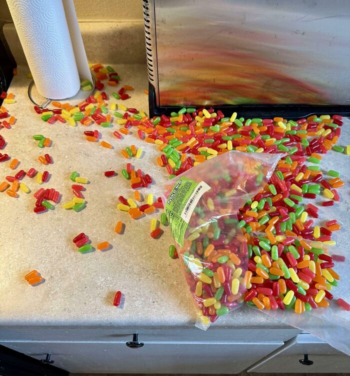 Spilled colorful candy mess on kitchen counter next to paper towel roll and toaster, showing total mess chaos.