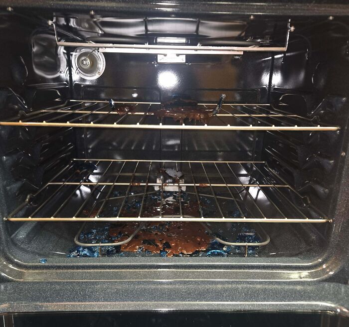 Oven interior with burnt food mess and spilled blue substance on the bottom, illustrating total mess chaos.
