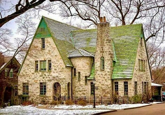 Charming old stone home with a green moss-covered roof surrounded by bare winter trees in a quiet neighborhood.