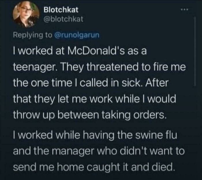 Tweet about working at McDonald's while sick, showing a shocking story from 0 to 100 real quick in funny posts.