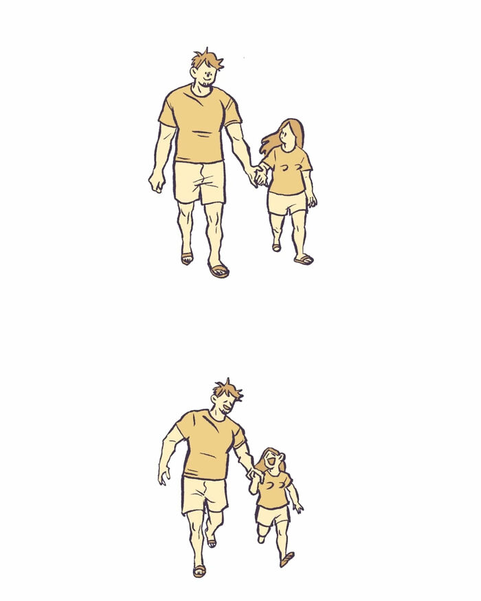 Illustration of a tall, geeky husband and wife holding hands and walking together, capturing relatable moments.