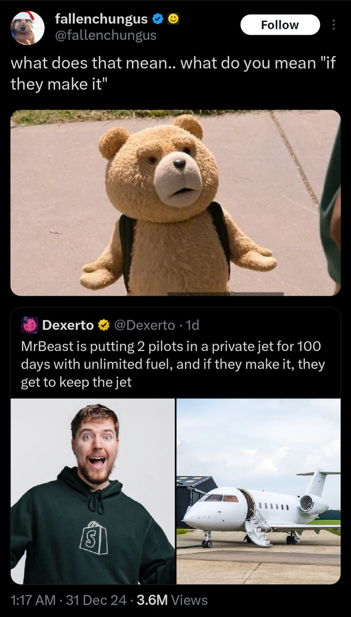 Meme with confused teddy bear and tweets about MrBeast's challenge with pilots in a private jet, going from 0 to 100 real quick.