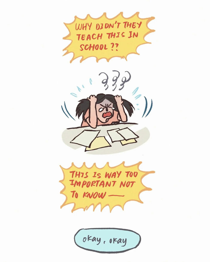 Malaysian artist's relatable comic showing frustration with important life lessons not taught in school.