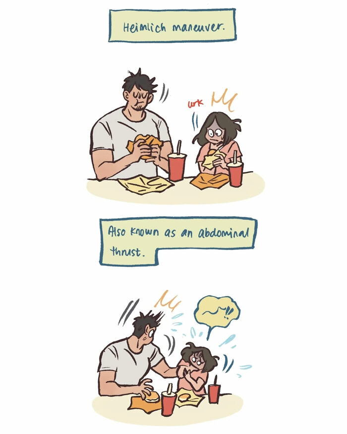 Malaysian artist cartoon showing life with her tall, geeky husband during a Heimlich maneuver while eating.