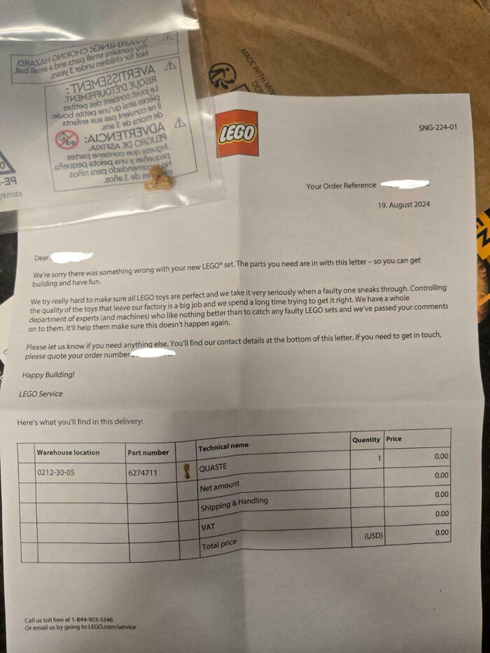 LEGO replacement part letter with small piece in bag, showing quality control and customer service response.