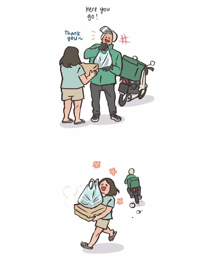 Malaysian artist cartoon shows delivery interaction with her tall, geeky husband and relatable daily life moments.