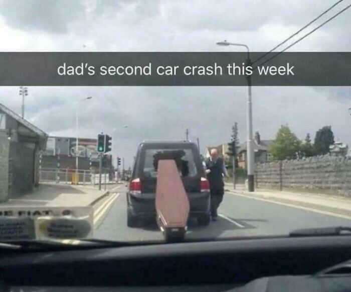 Car crash scene with a coffin stuck in a vehicle, illustrating posts that go from 0 to 100 real quick.
