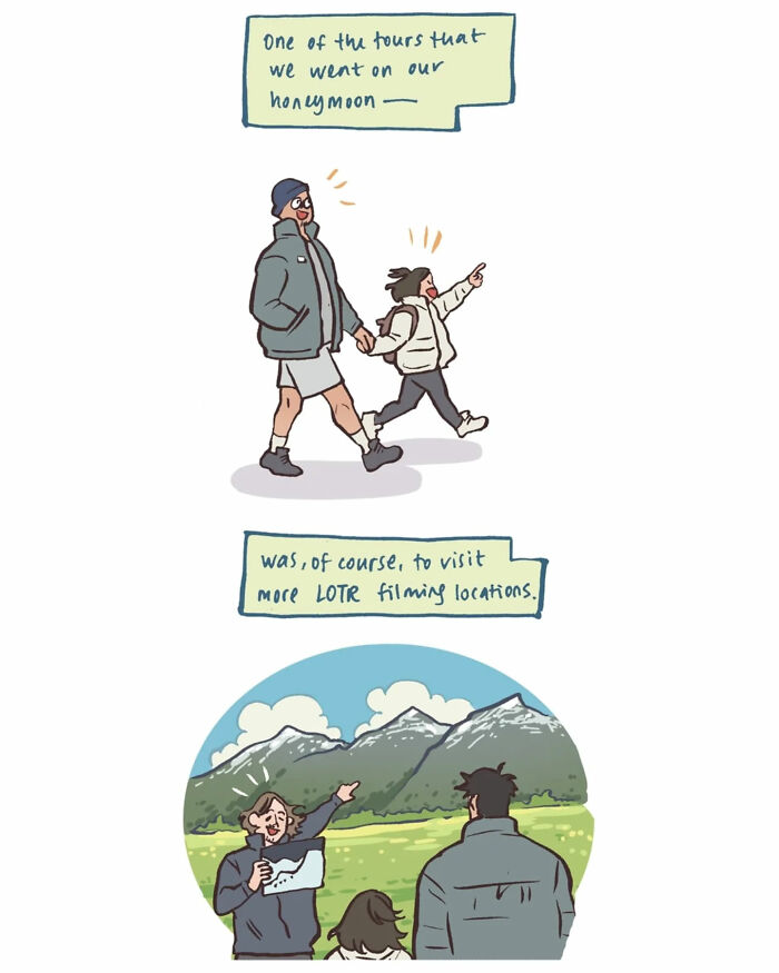 Malaysian artist’s comic showing her life and honeymoon with her tall, geeky husband visiting LOTR filming locations.