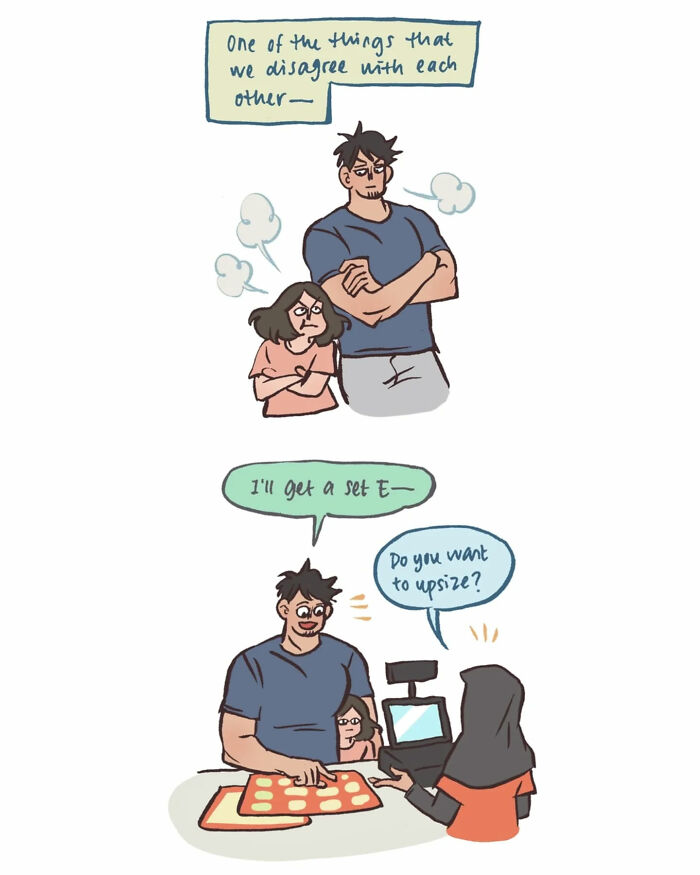 Malaysian artist's relatable comic showing her life with her tall, geeky husband in a humorous everyday disagreement.