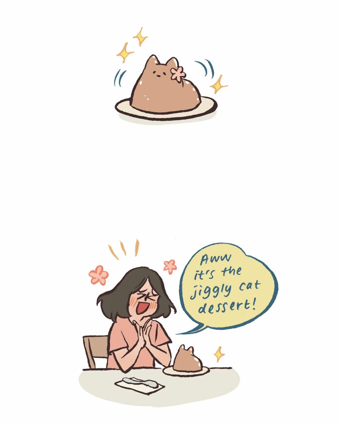 Malaysian artist’s cute illustration of a woman happily admiring a jiggly cat dessert in a relatable comic style.