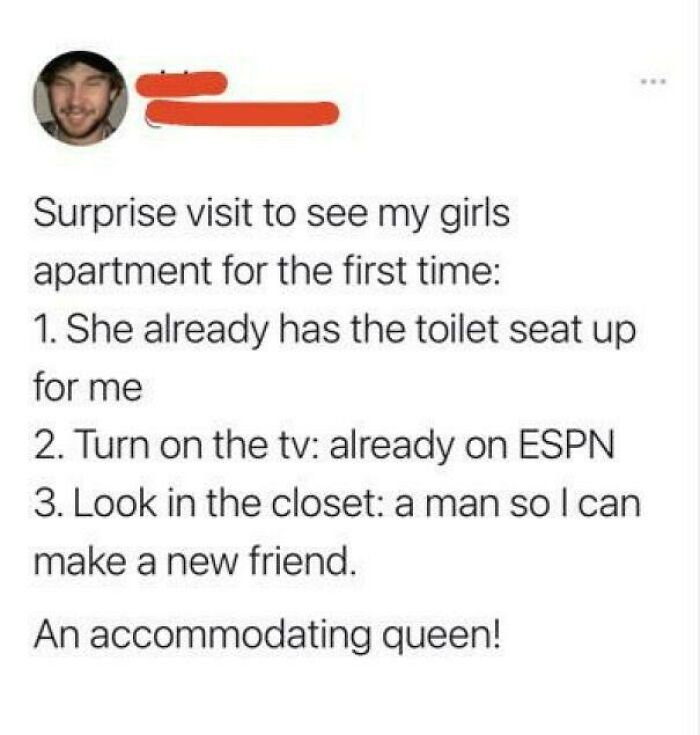 Funny surprise visit tweet showing going from 0 to 100 real quick with unexpected closet discovery in relationship humor posts.