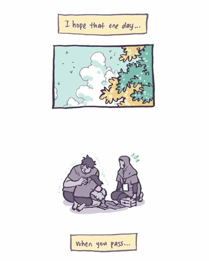 Illustration by Malaysian artist showing a family hugging, expressing hope and emotions with nature background.