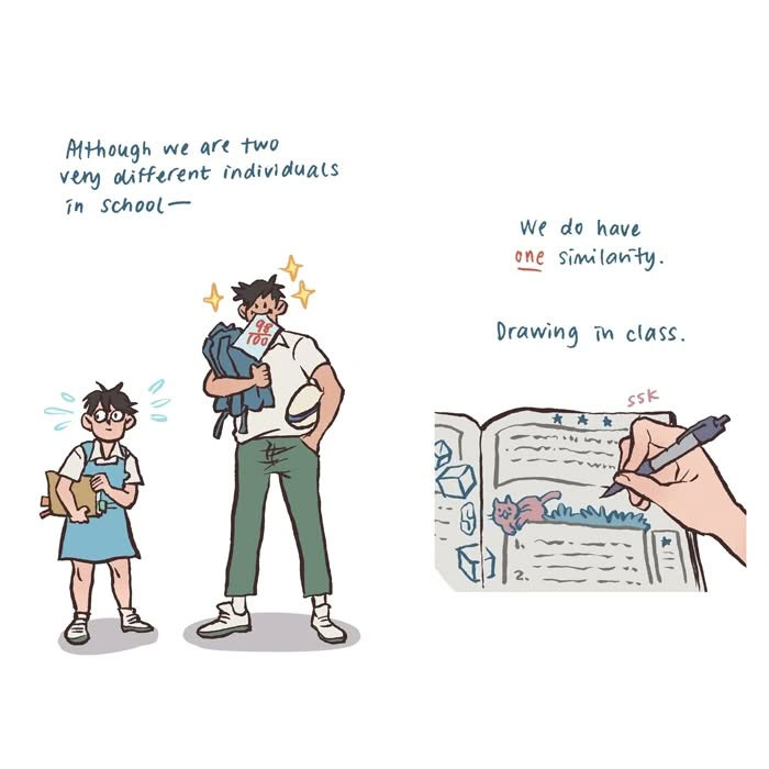 Malaysian artist’s relatable drawing of her tall, geeky husband and their shared love for drawing in class.