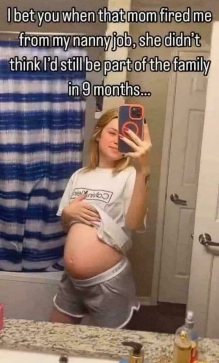 Pregnant woman taking a mirror selfie with text about going from nanny job to family member in 9 months, real quick post.