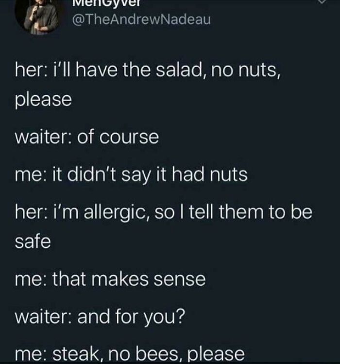 Text post showing a humorous conversation about ordering food without nuts and a joke about steak with no bees.