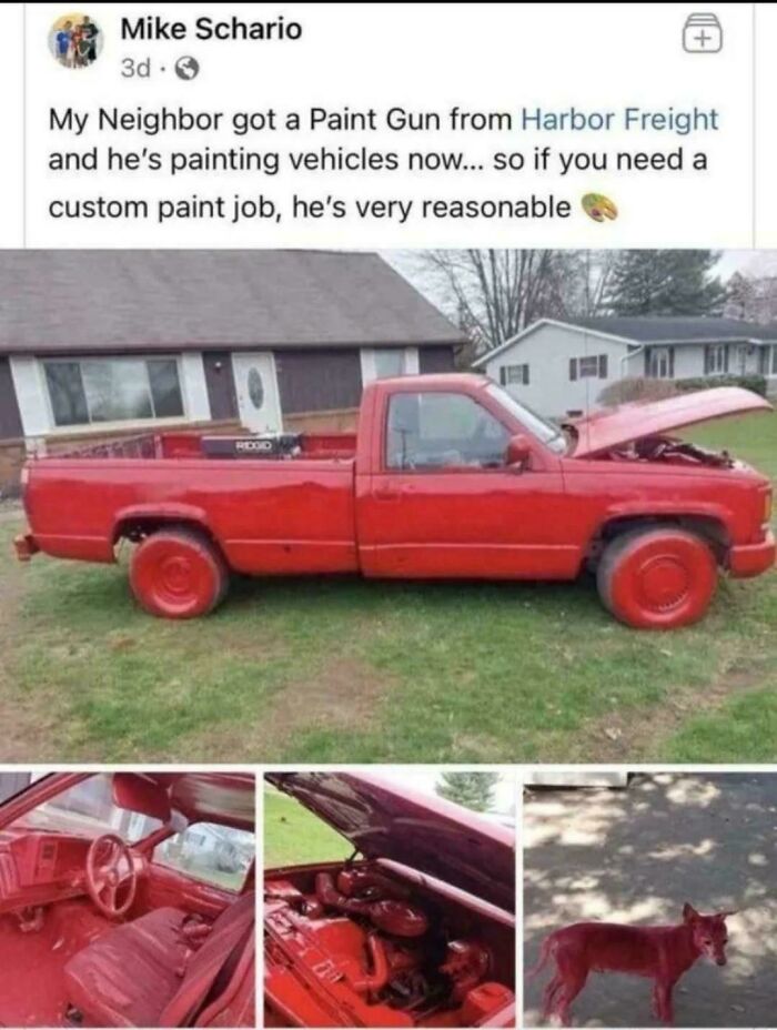 Red pickup truck, fully painted inside and out, including engine and a nearby dog, showcasing quick transformation posts.
