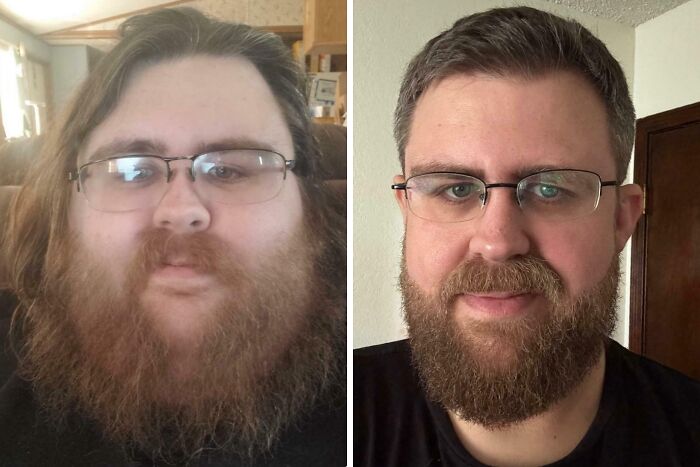 Before-and-after images showing a man’s dramatic beard and hairstyle transformation, illustrating stunning reinvention results.