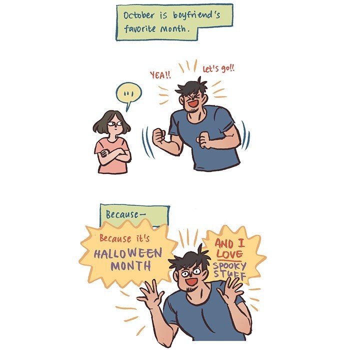 Malaysian artist’s comic showing her tall, geeky husband excited about October and Halloween month with spooky stuff.