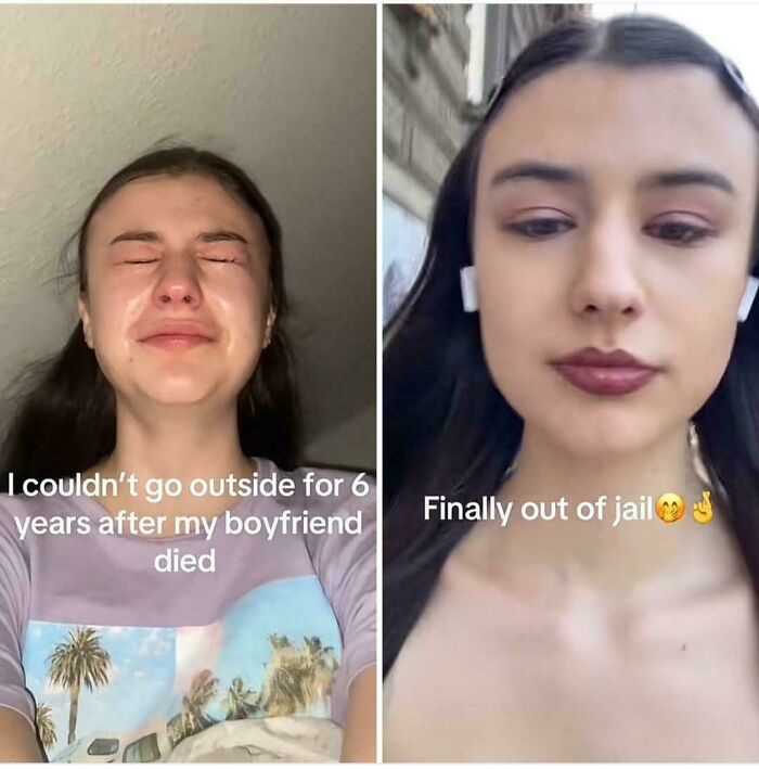 Comparison of emotional transformation in viral posts that go from 0 to 100 real quick, showing change from sadness to freedom.