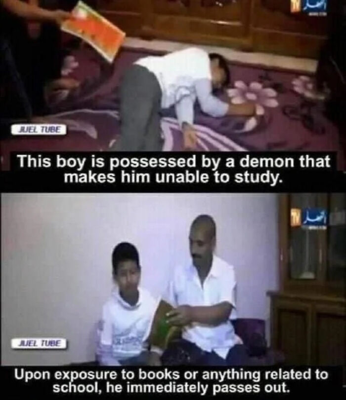 Boy reacts dramatically, unable to study, passing out when exposed to books, captured in a post going from 0 to 100 real quick.