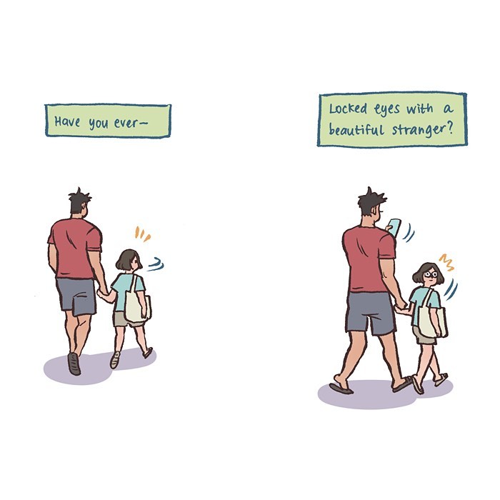 Malaysian artist’s comic shows her life with tall geeky husband holding hands, capturing relatable everyday moments.