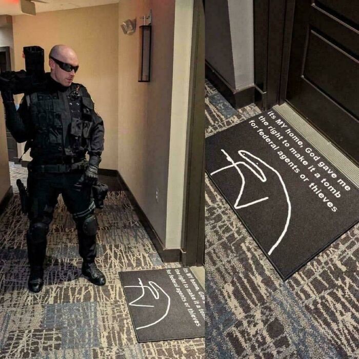 Tactical man in black gear standing near a doormat with bold text, showcasing posts that go from 0 to 100 real quick.