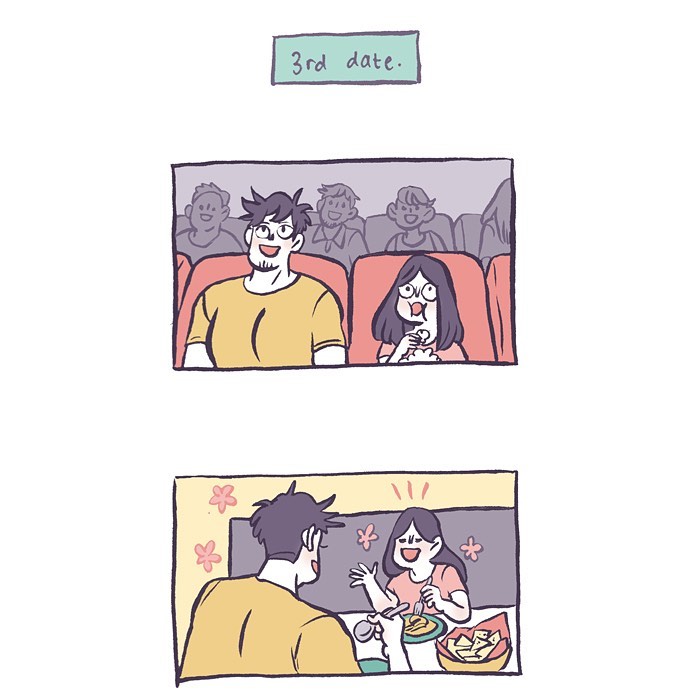 Malaysian artist cartoon showing a tall geeky husband and wife on a third date at a movie theater and dining together.