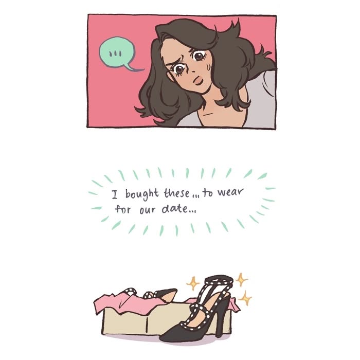 Malaysian artist’s relatable comic panel showing a woman nervously thinking about high heels for a date with her tall geeky husband.