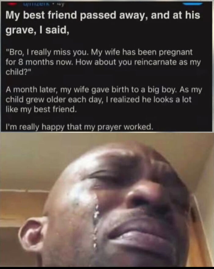 Man crying with tears running down his face after sharing a story that goes from 0 to 100 real quick.