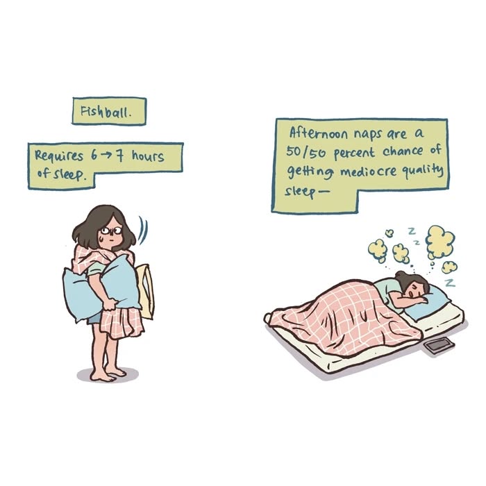 Illustration by Malaysian artist showing daily life with her tall, geeky husband, highlighting sleep habits and relatable moments.