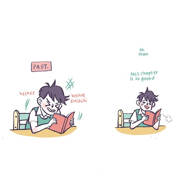 Malaysian artist’s relatable cartoon shows a young man reading a book with changing expressions over time.