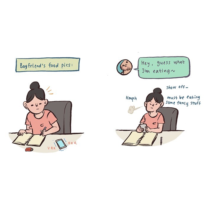 Malaysian artist’s relatable comic showing her reaction to her tall geeky husband’s food pictures while drawing at a desk.