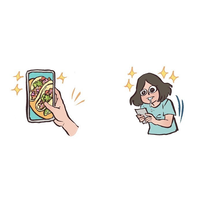 Malaysian artist cartoon showing a hand taking a photo of food and a woman excitedly looking at her phone.