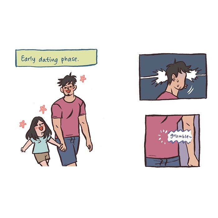 Malaysian artist draws early dating phase with her tall geeky husband in a relatable comic style illustration.