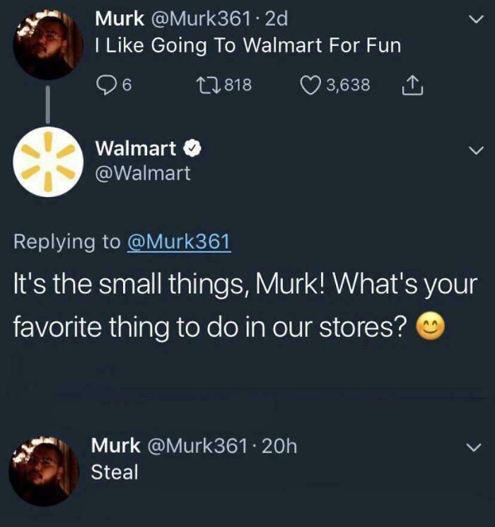 Twitter exchange showing a user joking about enjoying Walmart and replying with a surprising punchline in viral posts.