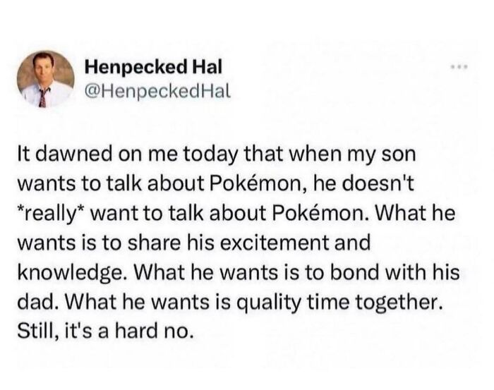 Screenshot of a humorous social media post about a dad realizing his son’s true intent behind talking about Pokémon, going from 0 to 100.