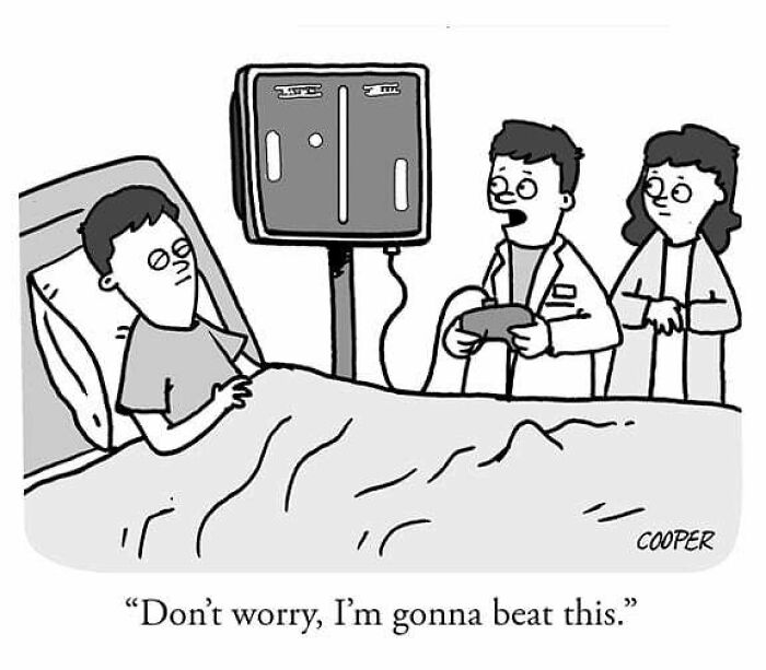 Cartoonist Nathan Cooper comic showing a patient in bed with doctors humorously playing a video game to fight illness.