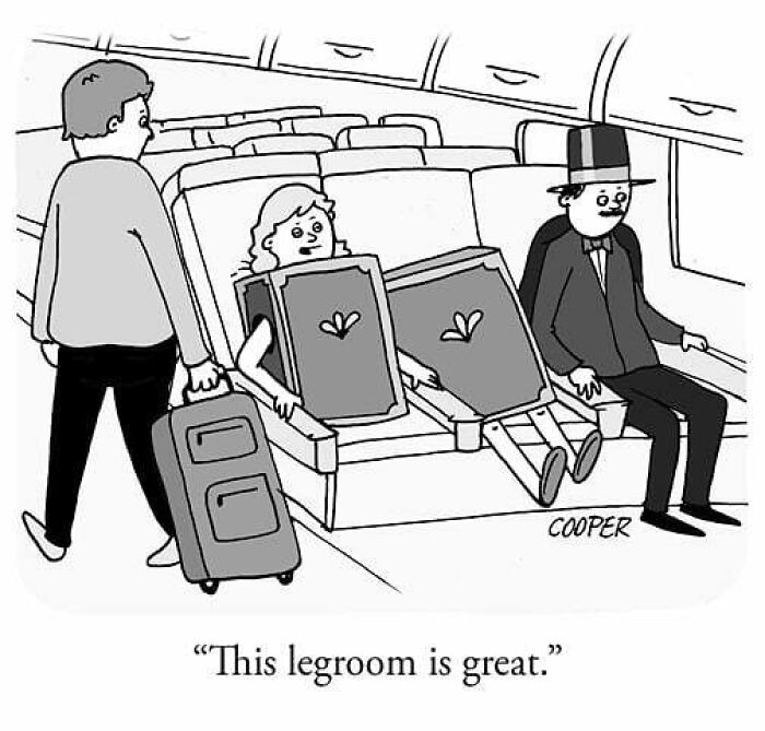 Cartoonist Nathan Cooper comic of two people as LEGO bricks enjoying legroom on an airplane.