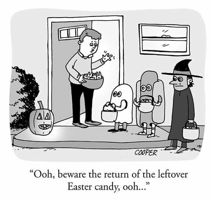 Cartoonist Nathan Cooper’s one-panel comic shows kids trick-or-treating with leftover Easter candy on Halloween night.