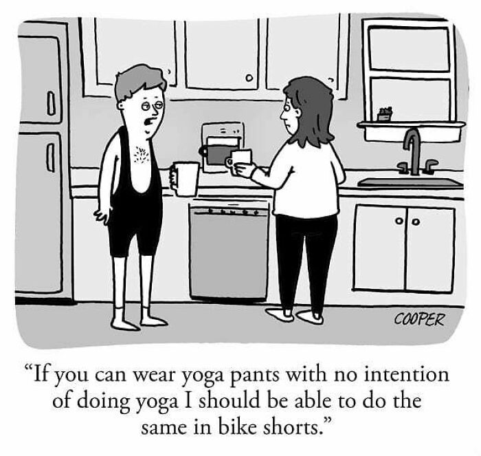 Cartoonist Nathan Cooper one-panel comic showing humorous take on modern living with characters in a kitchen discussing clothing choices.