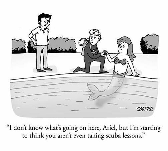 Cartoonist Nathan Cooper’s one-panel comic shows a scuba diver and a mermaid in a humorous modern living scenario.