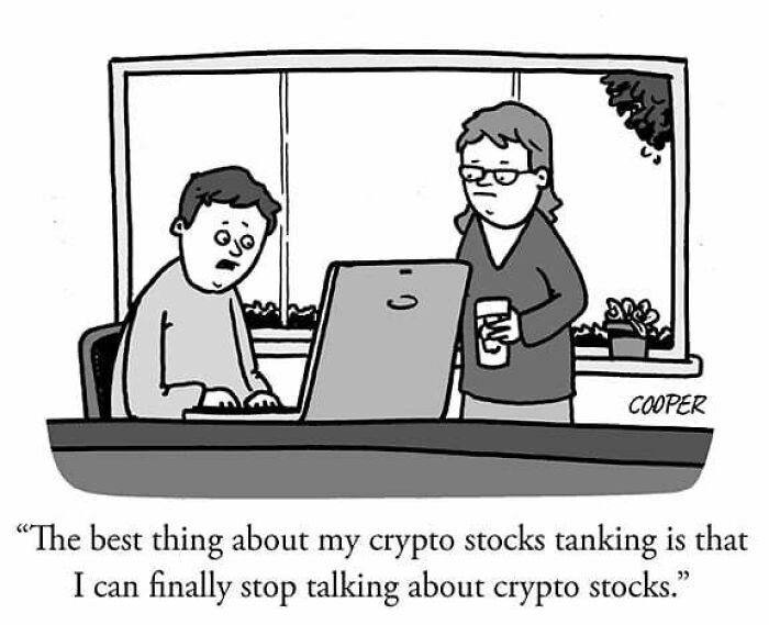 Cartoonist Nathan Cooper comic shows two people discussing crypto stocks with a laptop in a modern living setting.